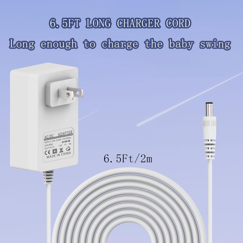 BOEEA سلك طاقة لجهاز 4moms mamaRoo 2/4، شاحن محول 12V 3A مناسب لجهاز Rockaroo لاهتزاز الأطفال، أبيض - Image 2